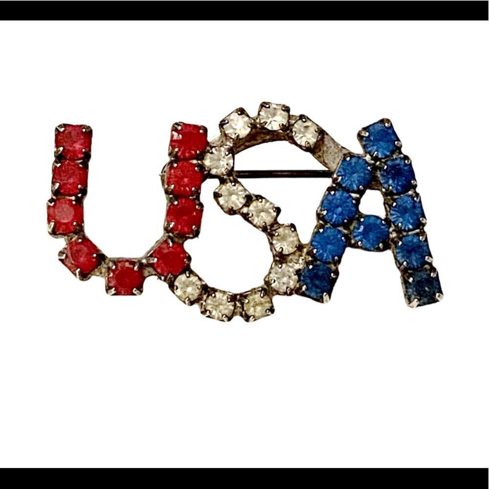 USA vintage Rhinestone Brooch Pin Red White Blue
